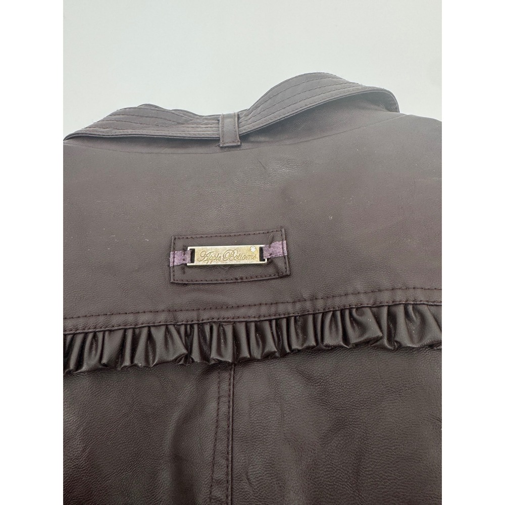 Apple Bottoms Womens Brown Faux Leather Ruffle Moto Jacket Leopard Lining L - Picture 13 of 13